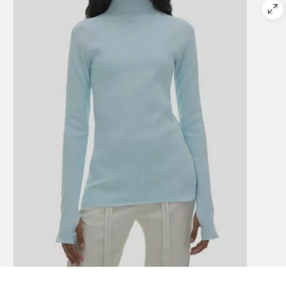 Helmut Lang Foam  Blue Mockneck Ribbed Sweater Size Medium - Picture 2 of 13